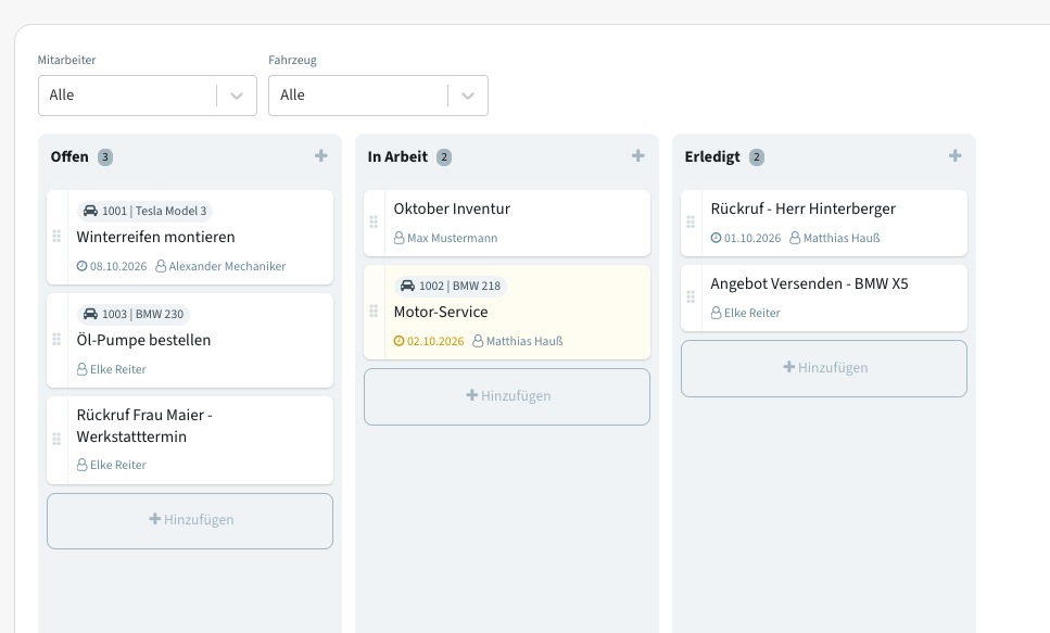 Carcuro Aufgabenboard im Kanban-Stil mit den Spalten Offen, In Arbeit und Erledigt