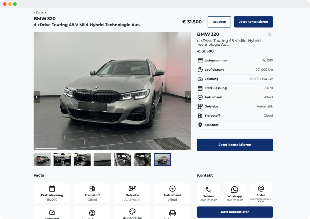 Beispiel einer Carcuro Webseite mit Fahrzeugbestand
