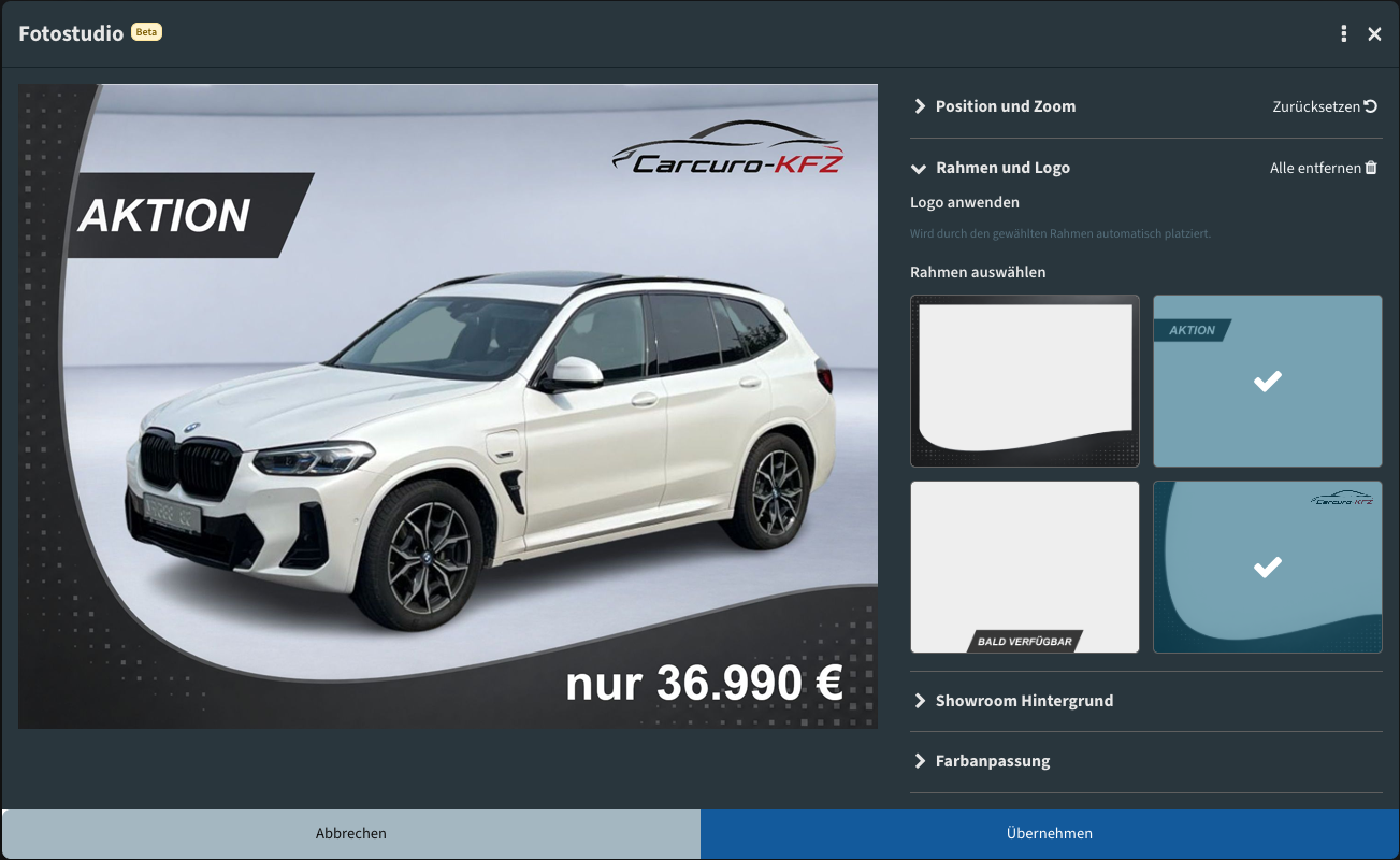 Carcuro Fotostudio mit Aktions-Rahmen, Showroom-Hintergrund und Farbanpassung