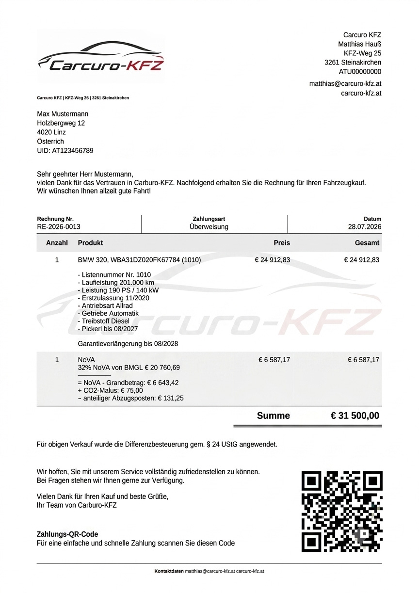 Beispiel einer Rechnung mit Positionen, Steuersätzen und Gesamtsumme