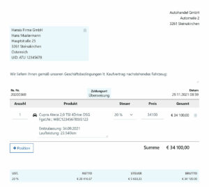 Screenshot einer mehrzeiligen Rechnungsposition